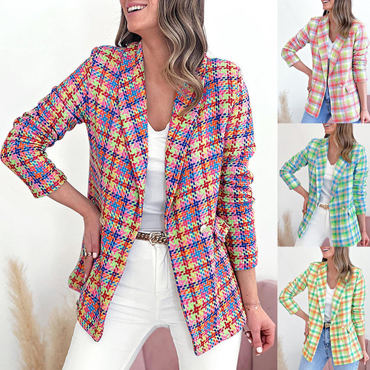 Women Elegant Checkered Jacket with Double Button Pockets Chic and Style