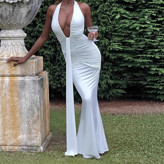 Femme Robe Maxi Élégante avec Décolleté V Profond et Fronces Chic und Stil