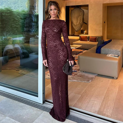 Robe maxi élégante en dentelle pour femmes avec manches longues Chic und Stil
