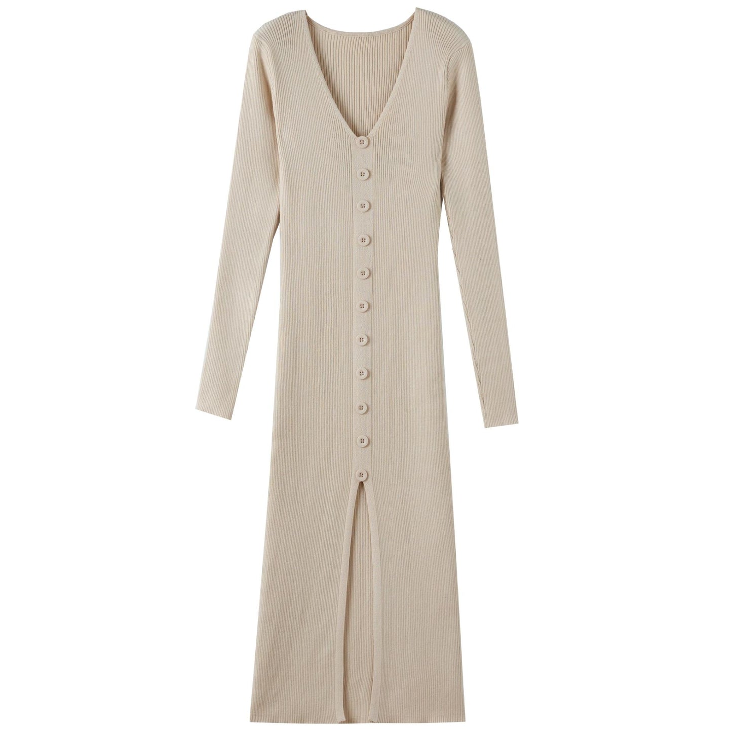 Dames Robe maxi à manches longues avec structure côtelée et détail de bouton Chic und Stil
