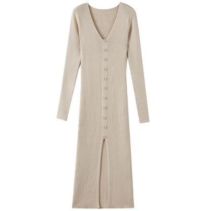 Dames Robe maxi à manches longues avec structure côtelée et détail de bouton Chic und Stil