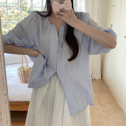 Dames Coupe Détendue Manches Bouffantes Chemise Boutonnée Chic und Stil