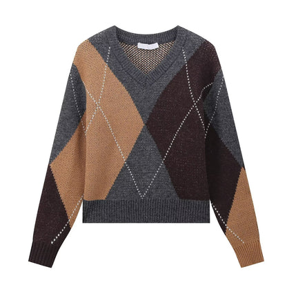 Pull femme à col en V tendance avec motif graphique Chic und Stil