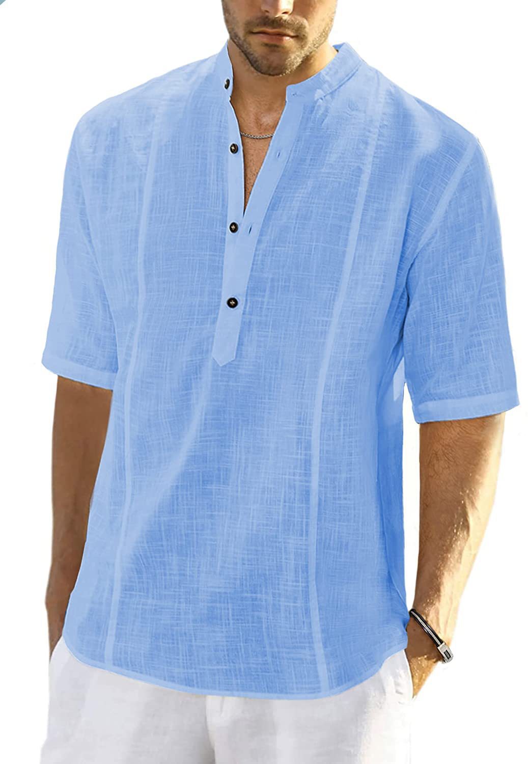 Chemise en lin à manches courtes pour hommes avec col montant et patte de boutonnage Chic und Stil