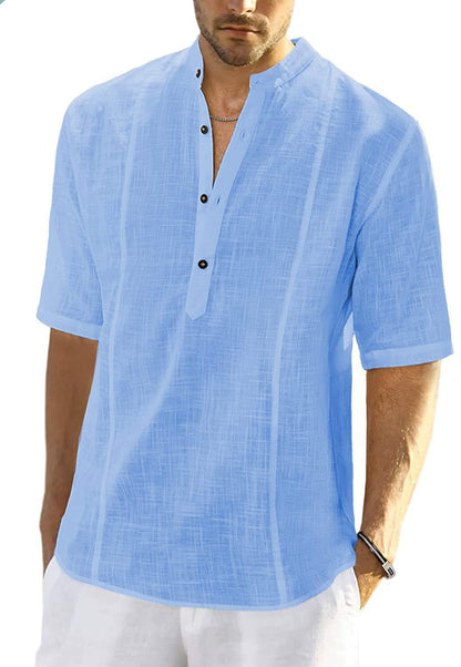 Chemise en lin à manches courtes pour hommes avec col montant et patte de boutonnage Chic und Stil