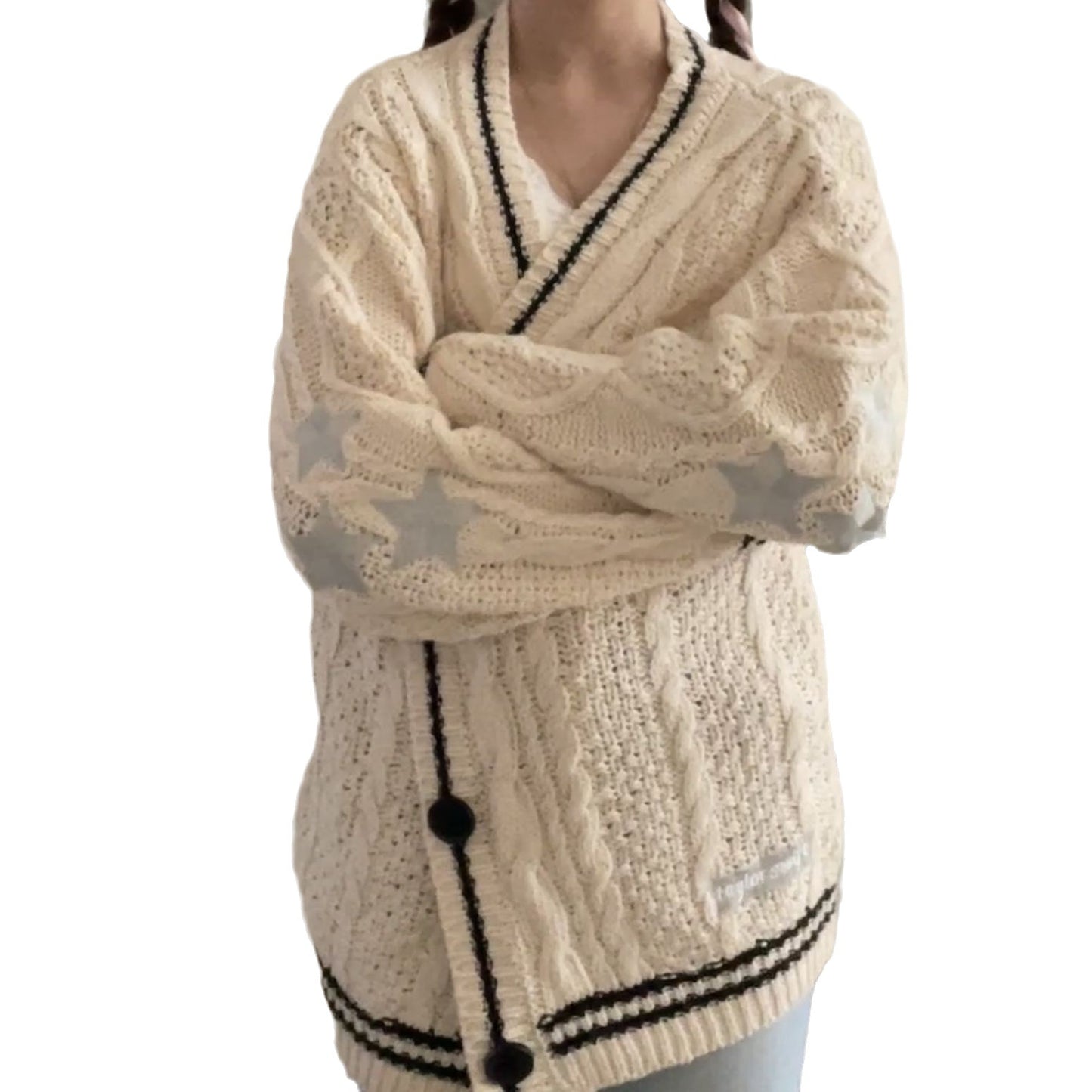 Dames grosse tricot cardigan avec détails en étoiles et boutons décoratifs Chic und Stil