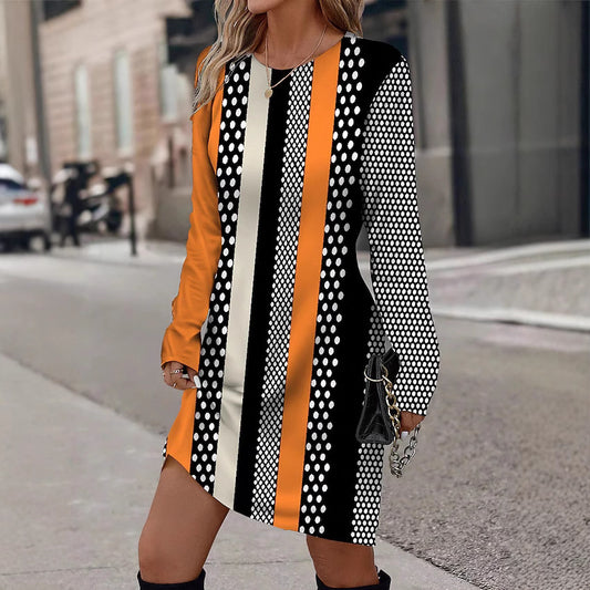 Robe longue à manches longues pour femmes avec motif graphique à rayures et design ponctuel Chic und Stil