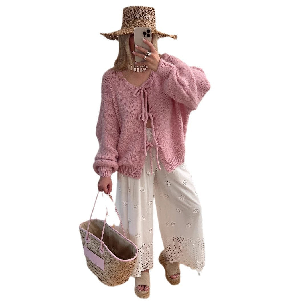 Dames gros tricot veste avec cordon de serrage et coupe décontractée Chic und Stil