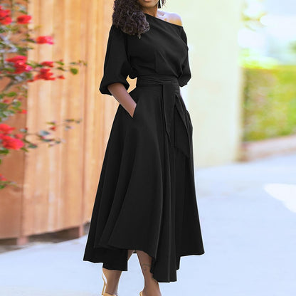 Robes midi élégantes pour femmes avec un design sans épaules et une ceinture à la taille Chic und Stil