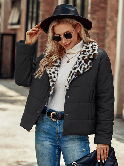 Ladies Fashion Quilted Jacket with Leopard Collar Chic and Style