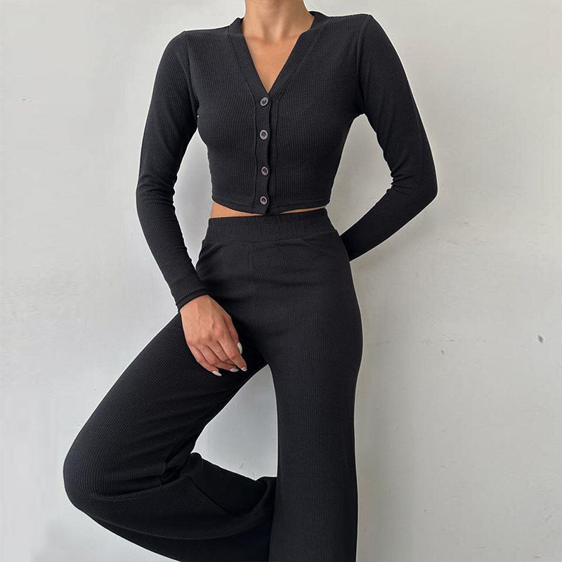 Casual women's set in ribbed fabric with crop top and wide pants Chic and Style