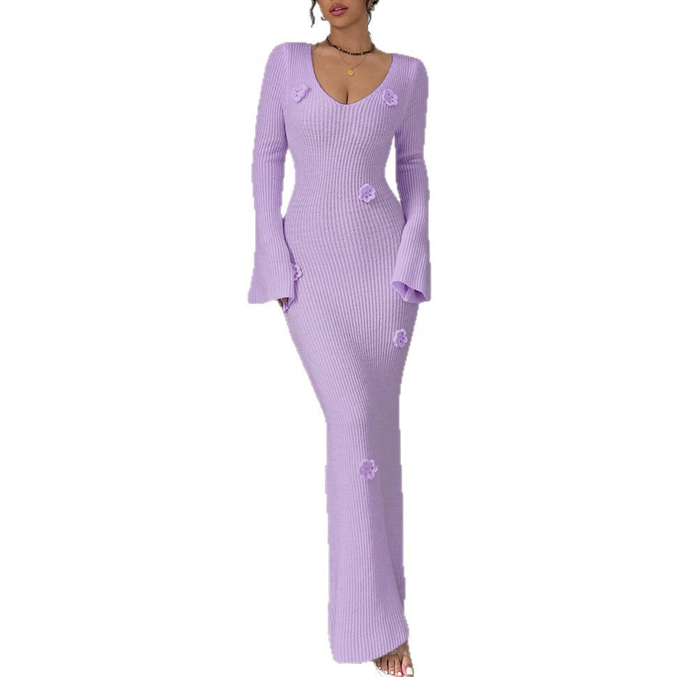 Robe maxi pour femmes avec un élégant tricot en côtes et des applications florales à la mode Chic und Stil