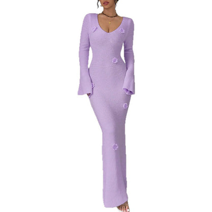 Robe maxi pour femmes avec un élégant tricot en côtes et des applications florales à la mode Chic und Stil
