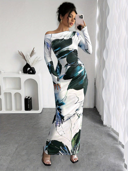 Robe longue élégante à manches longues pour dames avec motif floral Chic und Stil