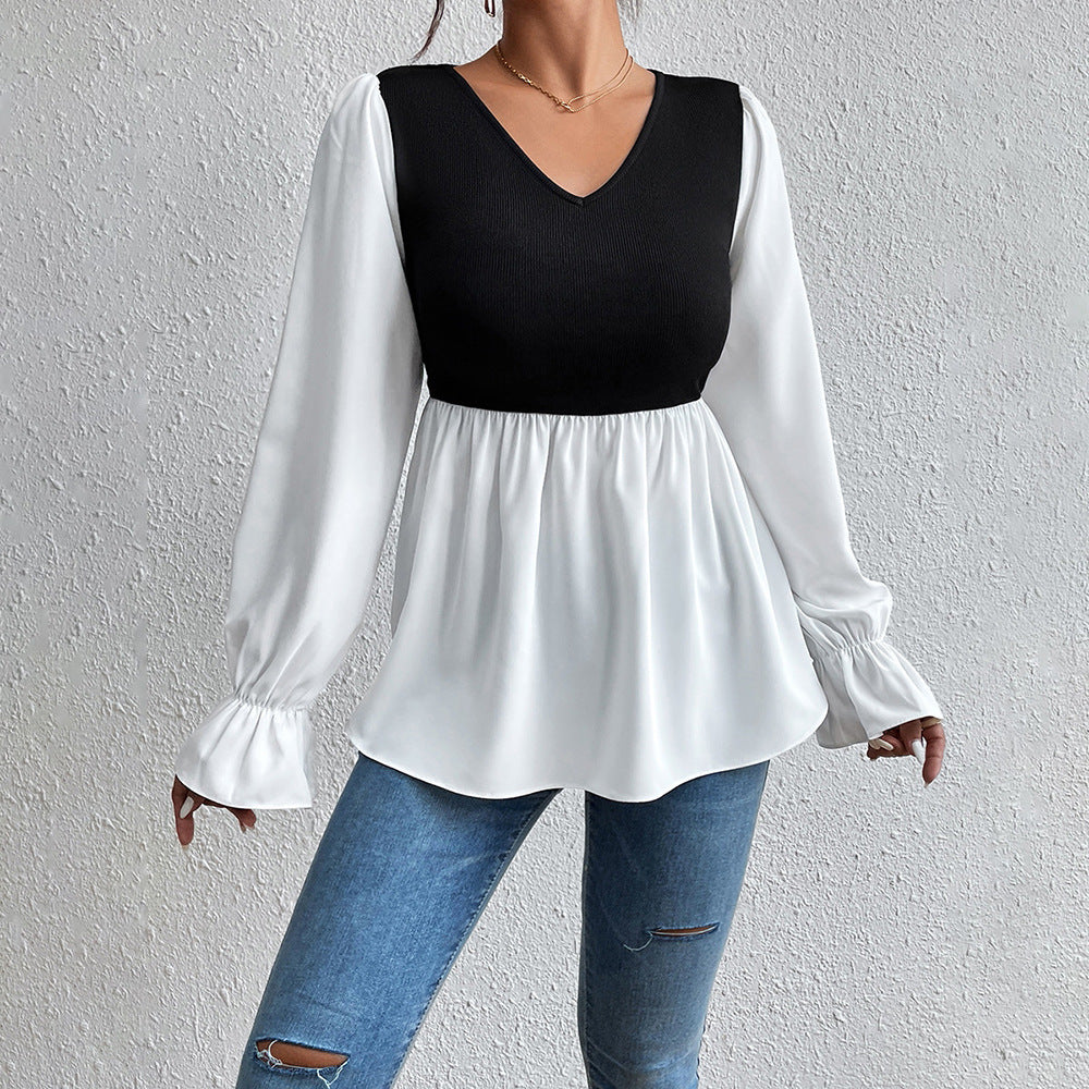 Dames élégant haut avec décolleté en V asymétrique et manches bouffantes Chic und Stil