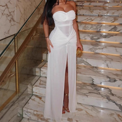 Dames Robe Maxi Sans Manches Élegante avec Détails Volants et Fente Haute Chic und Stil