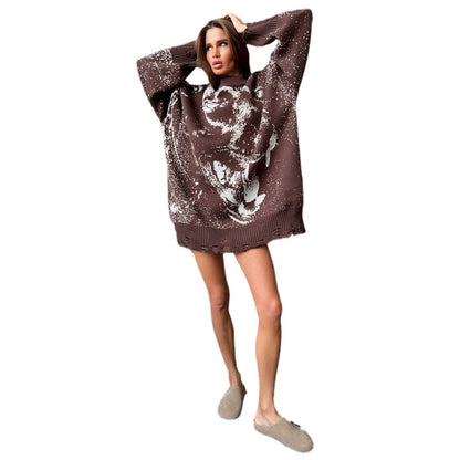 Ladies oversized knit pullover with a creative graphic design Chic and Style
