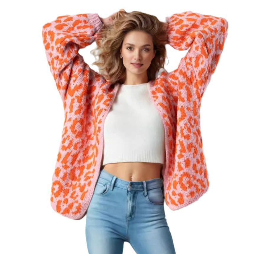 Dames gros tricoté Cardigan avec un motif léopard élégant et des détails oversize confortables Chic und Stil