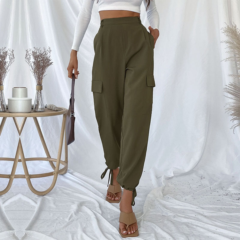 Women High-waisted cargo pants with adjustable ankle ties Chic and Style