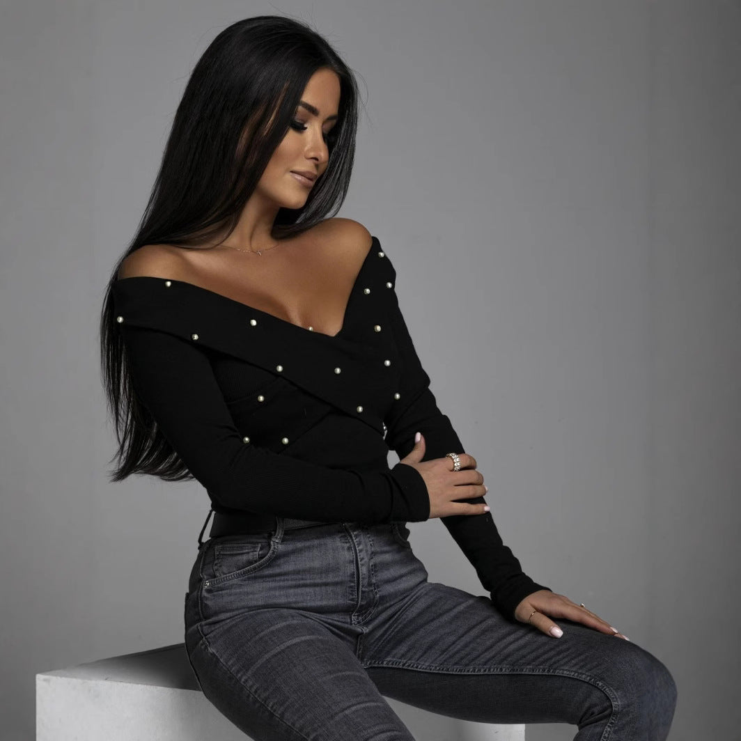 Dames haut off-épaule avec embellissement en perles et design drapé raffiné Chic und Stil