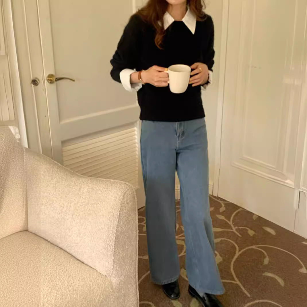 Pull décontracté pour dames avec encolure bleue et col moderne Chic und Stil