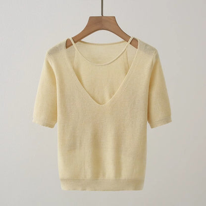Pull en tricot à col V décontracté pour femme à manches courtes Chic und Stil