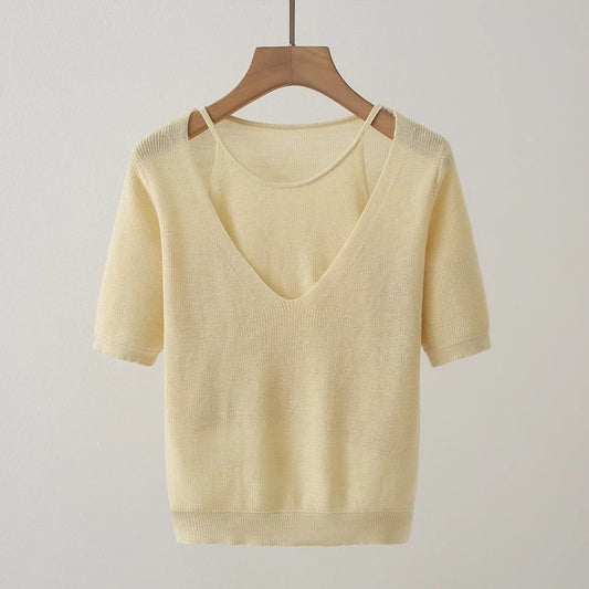 Pull en tricot à col V décontracté pour femme à manches courtes Chic und Stil