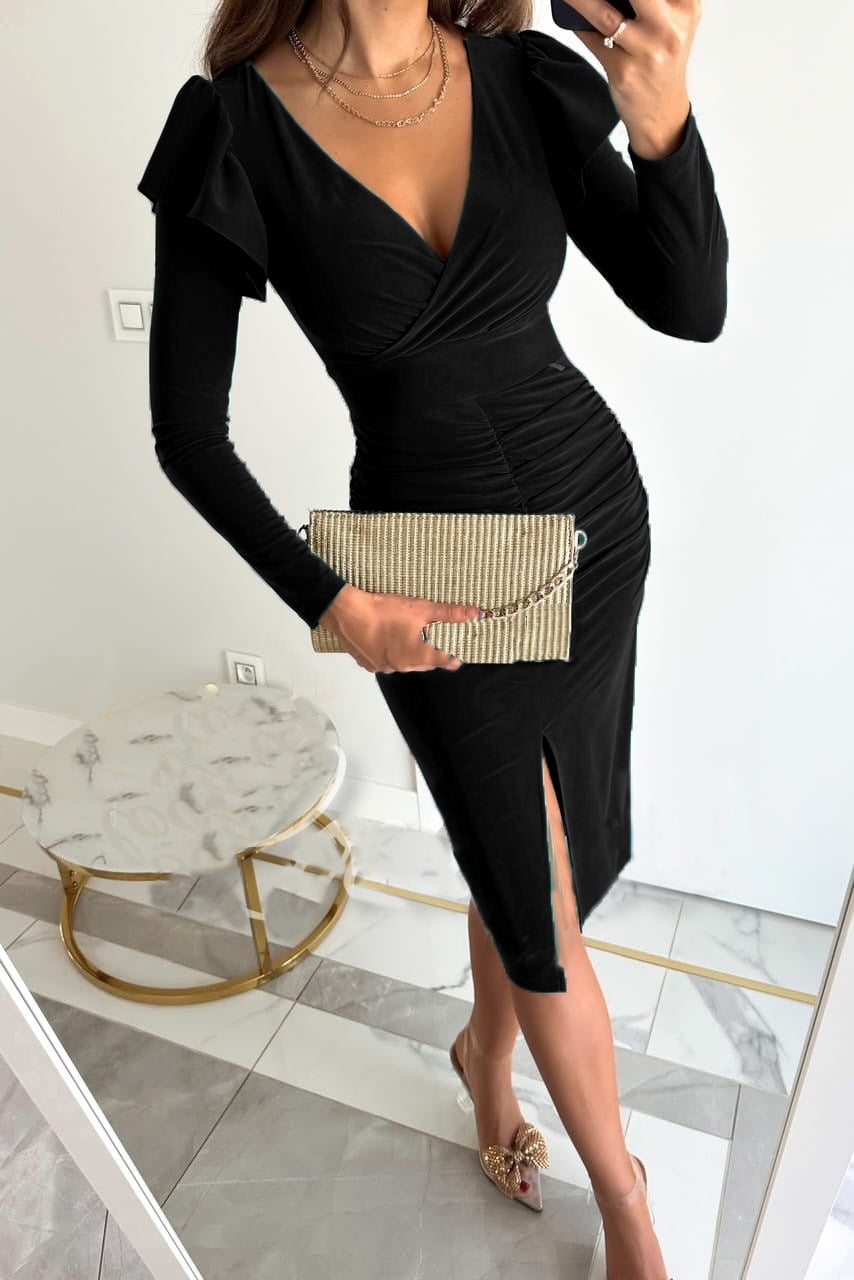 Elegant Women's Long Sleeve Ruffled Midi Dress with Slit Chic and Stylish