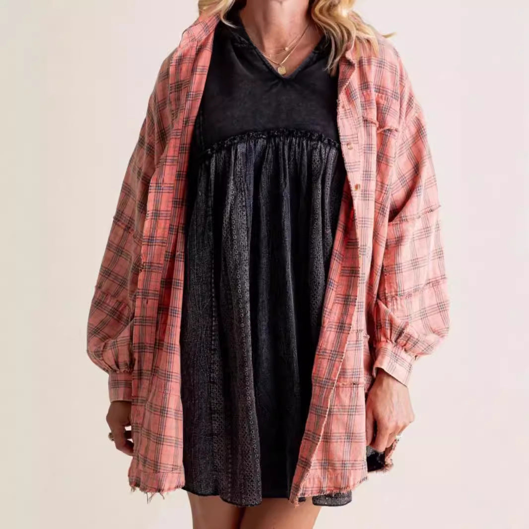 Dames décontractée veste longue à carreaux avec de larges manches Chic und Stil