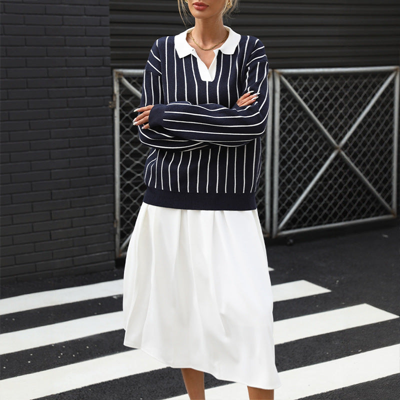 Pull en tricot pour dames avec col élégant et motif rayé Chic und Stil