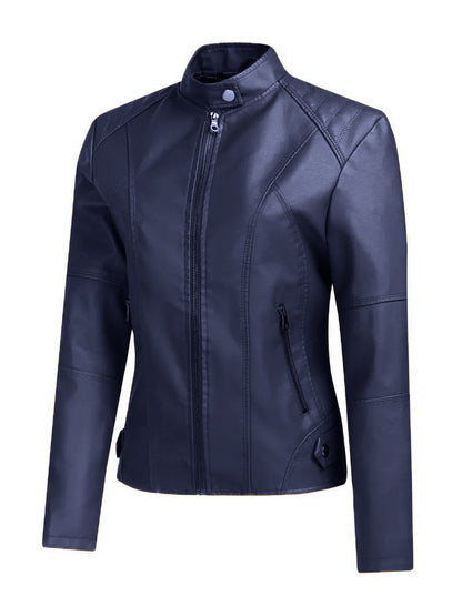 Dames Élégante Veste de Moto en Cuir Synthétique avec Col Haut et Fermeture Éclair Asymétrique Chic und Stil