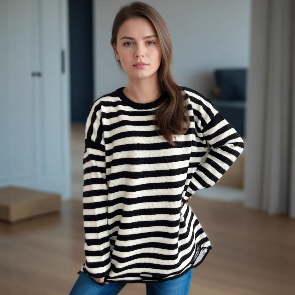 Pull over-size décontracté pour femmes avec de larges rayures Chic und Stil