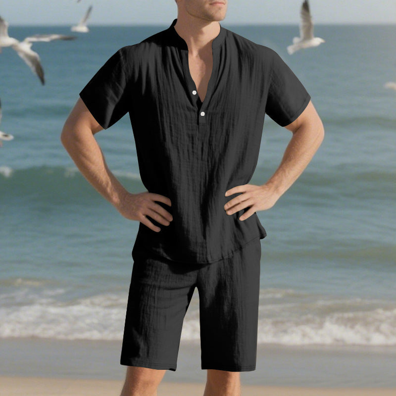 Elegant men's short sleeve set with innovative button placket and comfortable pants Chic and Style
