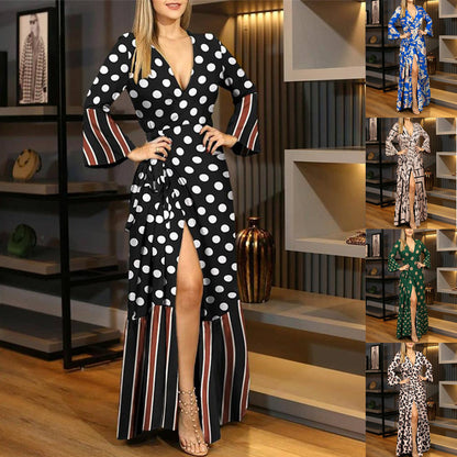 Robe maxi à imprimé léopard à col en V pour femmes avec fente haute Chic und Stil