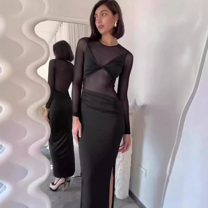 Dames Robe Maxi Élégante avec Inserts Transparents et Fronces Chic und Stil