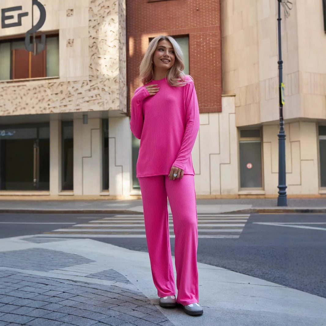Women Comfortable knit set with long sleeve top and wide leg pants Chic and Style