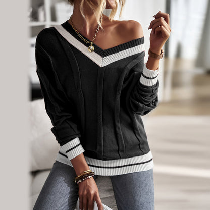 Casual women's top with off-shoulder cut and contrasting ribbed details Chic und Stil
