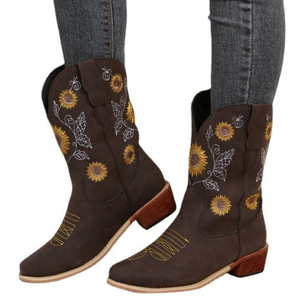 Bottes de cowboy pour femmes avec design floral brodé et robuste talon bloc Chic und Stil