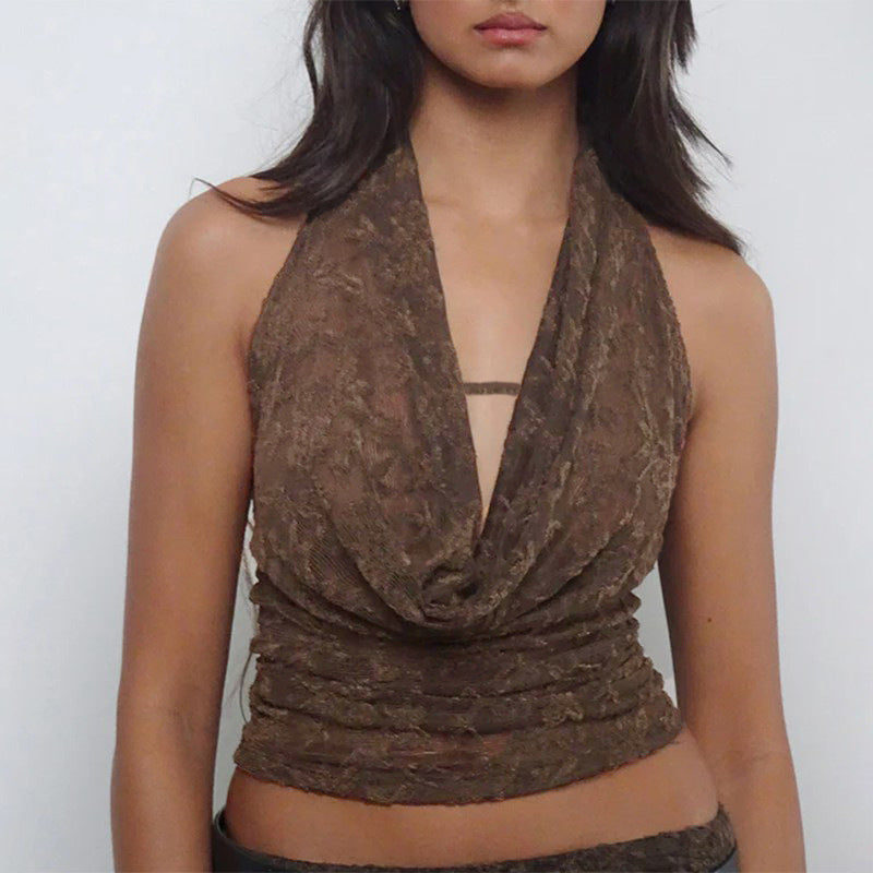 Dames Haut à col halter drapé en dentelle Chic und Stil