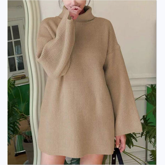 Dames Pull en tricot long avec col montant et manches évasées Chic und Stil