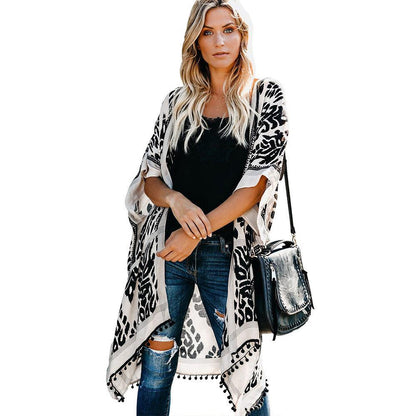 Dames Cardigan kimono léger avec motif élaboré et ourlet à franges Chic und Stil