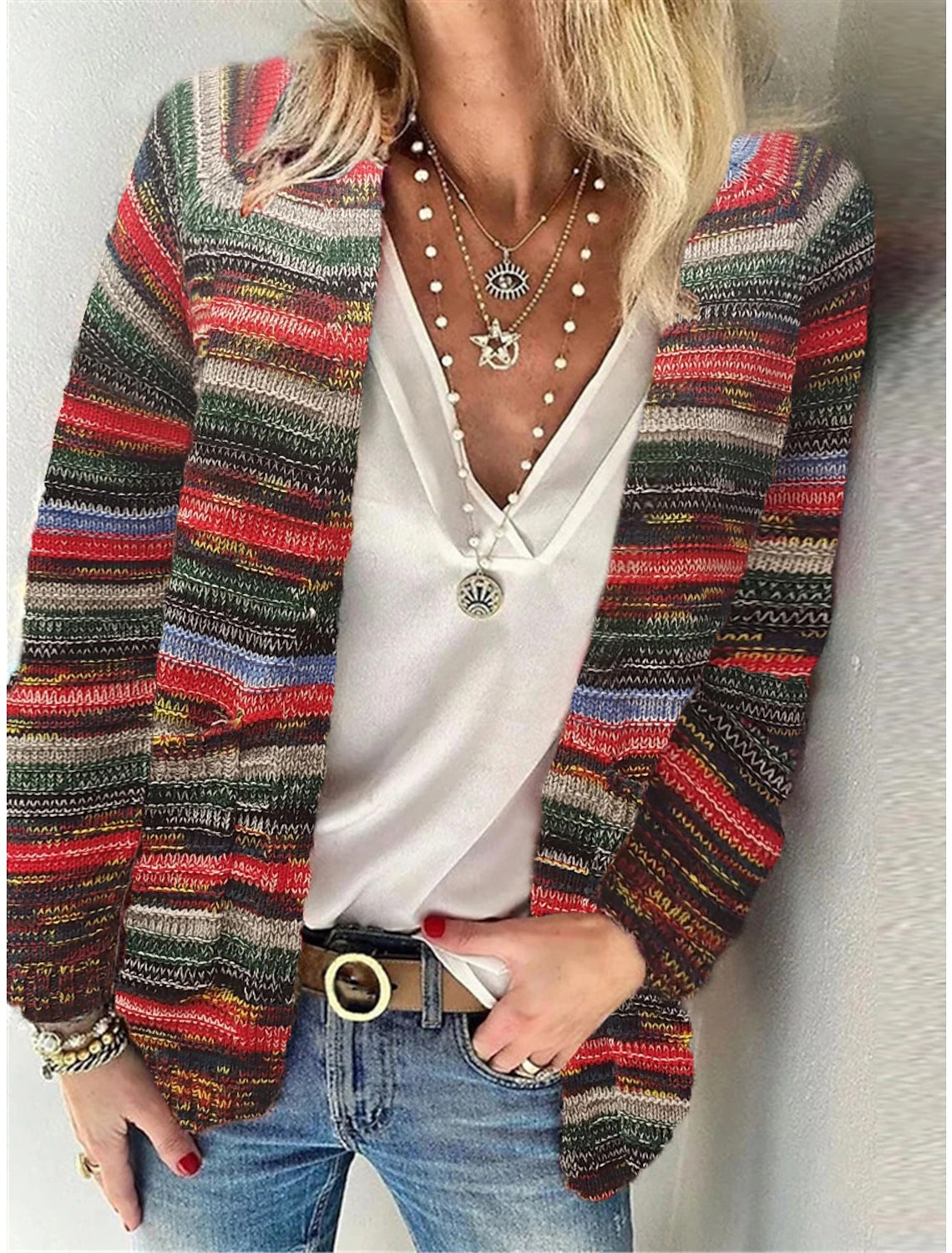 Dames Cardigan ouvert tricoté avec des rayures colorées et une coupe décontractée Chic und Stil