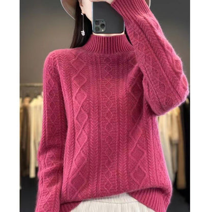 Pull en tricot de haute qualité pour femmes avec col montant et design en torsades Chic und Stil