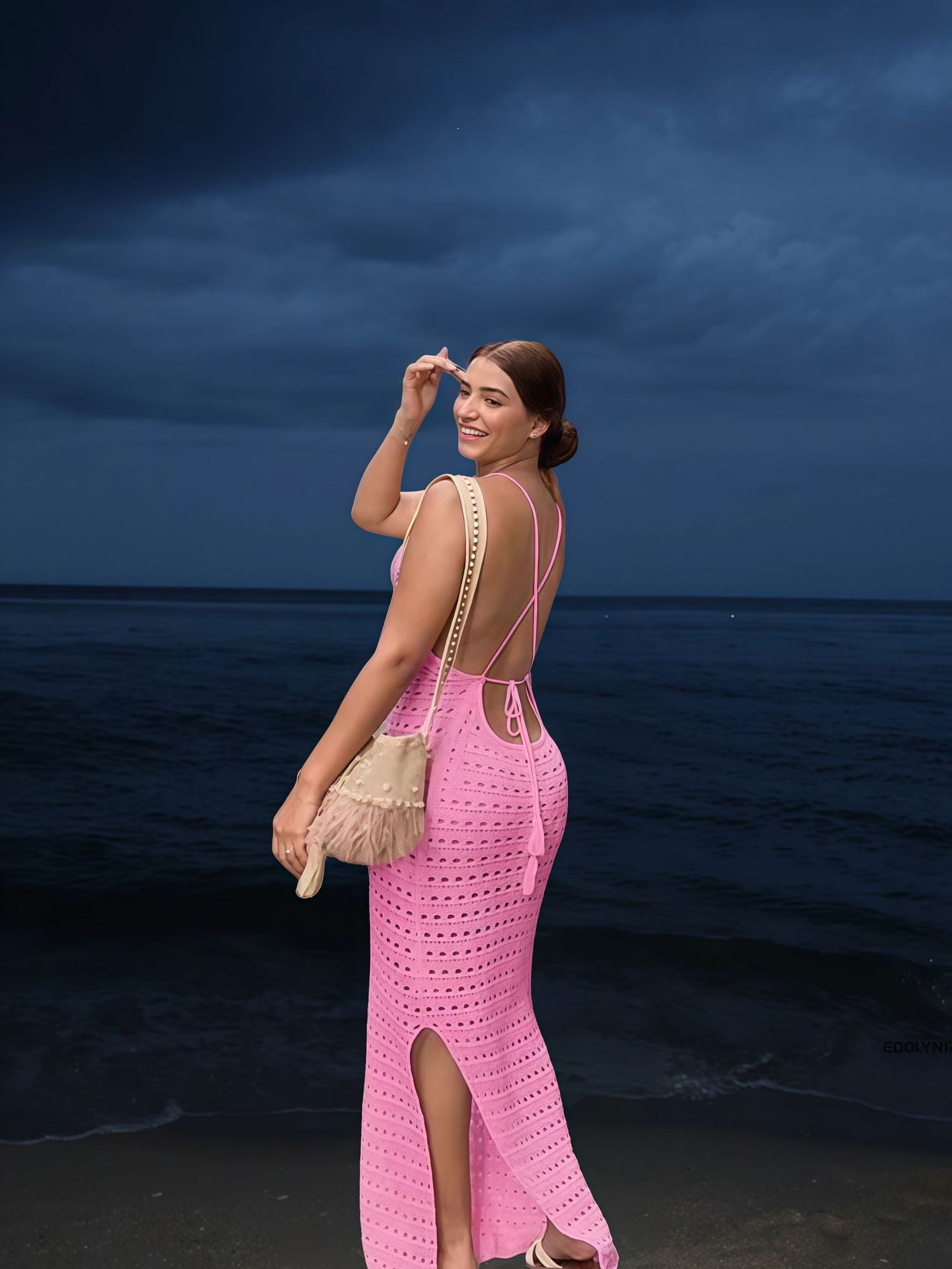 Robe maxi en tricot élégante pour femmes avec motif en losanges transparent