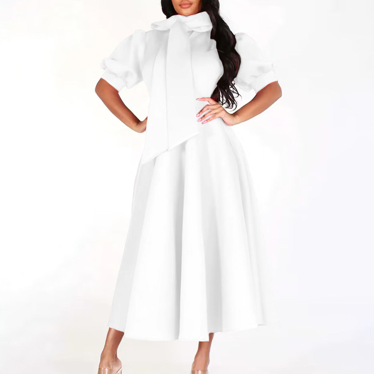 Dames Élégante Robe en A avec Col en Nœud et Manches Volantes Chic und Stil