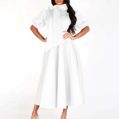 Dames Élégante Robe en A avec Col en Nœud et Manches Volantes Chic und Stil