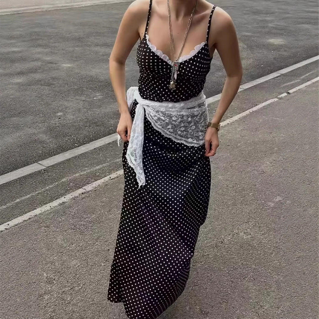 Robe maxi pour femmes avec des pois et un élégant ornement en dentelle Chic und Stil