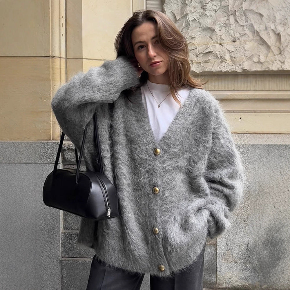 Dames douce et douillette veste tricotée avec boutons dorés Chic und Stil