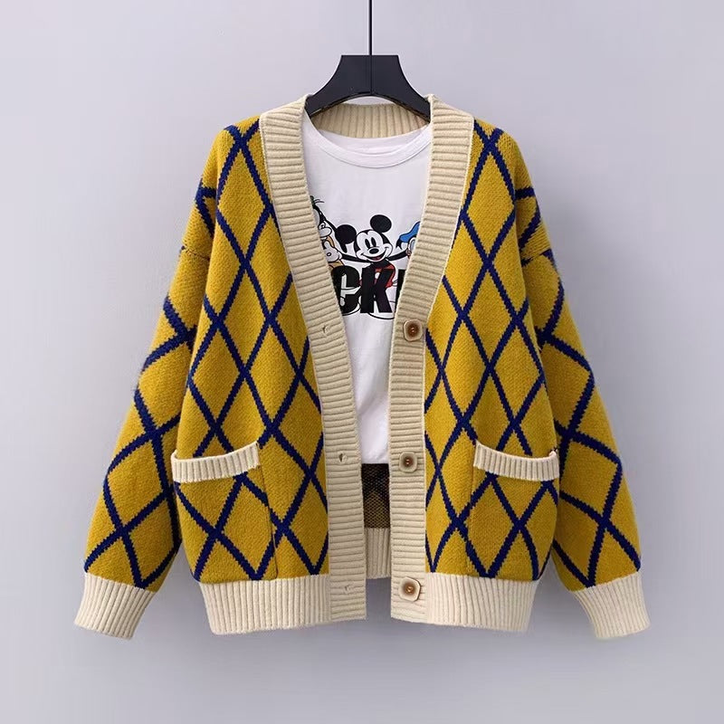 Dames gros tricot cardigan à motifs carreaux Chic und Stil