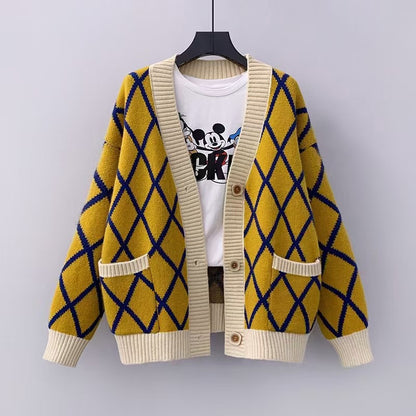 Dames gros tricot cardigan à motifs carreaux Chic und Stil